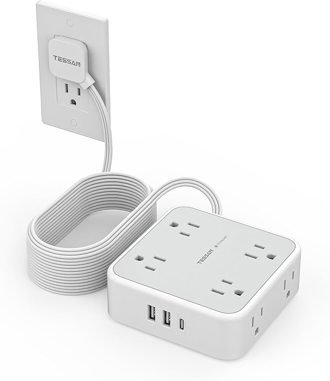 Flat Plug 20 FT Long Extension Cord, TESSAN Ultra Thin Power Strip Surge Protector with 8 AC Outlets, 900J, 3 USB Charger(1 USB C), Multi Port Charging Station for Home, Office, Dorm Room Essentials-DeskLoop Office