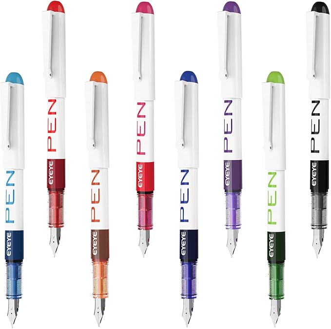 EYEYE Fountain Pens for Writing, 8 Pack Assorted Colors Fine Point Disposable Fountain Pens Stainless Steel Nib, Smooth Writing for Calligraphy, Journaling, Drafting, Sketching, Doodling & Gifts-DeskLoop Office