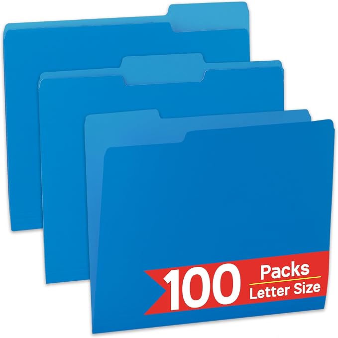 VZCPYTPM 100 Packs Blue File Folder, 1/3-Cut Tabs, Heavy Duty Paper File by OfficeSuppliesDirect