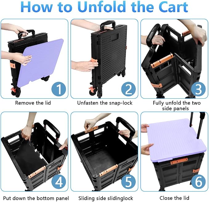 FELICON SELORSS Foldable Utility Cart Folding Portable Rolling Crate-Purple | - Image 4