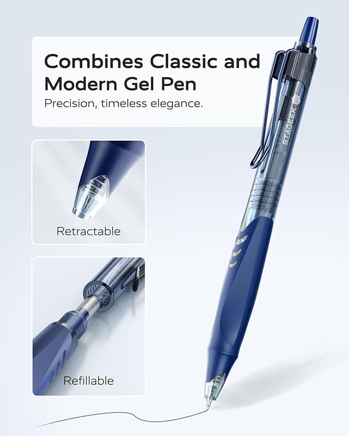 12 Pack Blue Gel Pens, Quick Dry Blue Ink Pen, 0.5mm Fine Point Retractable Smooth Writing Pens for Journaling, Writing, Business Gel Pen for Office School & Home Supplies(Blue)-DeskLoop Office