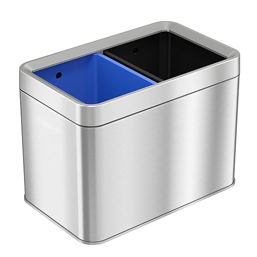iTouchless with 2 Stickers, Compartment Slim Stainless Steel Container, 5.3 Gallon Waste Trash Can & Recycle Bin, 20 Liter/5.3Gal, Open Top, Dual-DeskLoop Office