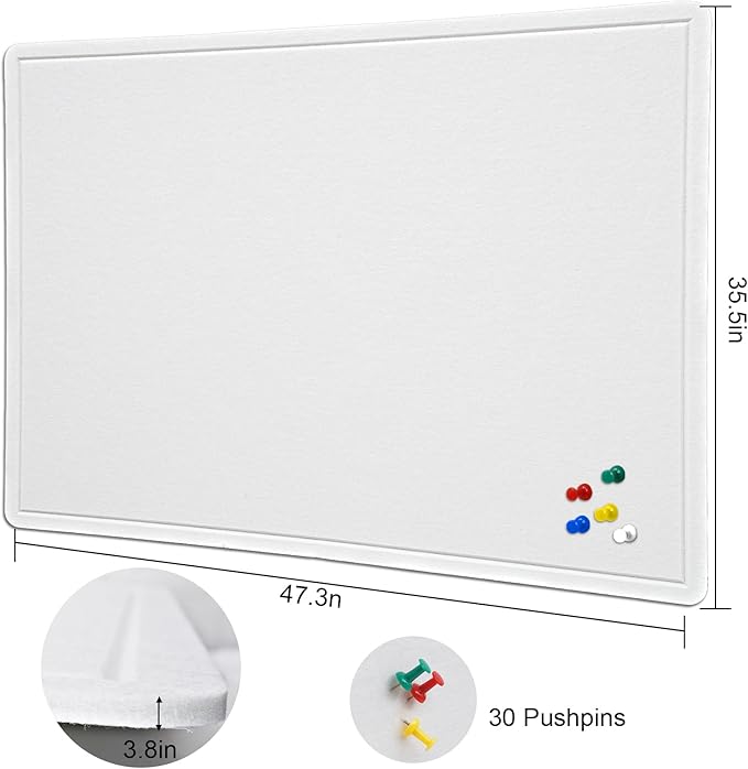 Large Bulletin Board, 48 X 36 inches Felt Board Notice Pin Board,4' x 3' Cork Board Alternative for Wall, Self-Adhesive Vision Board Mood Board Foldable Photo Board with 30 Pushpin-Warm White-DeskLoop Office