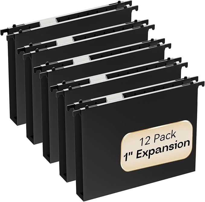 Plastic Hanging File Folders Letter Size, 12 Pack Reinforced 1" Expanding Heavy by NORDUN