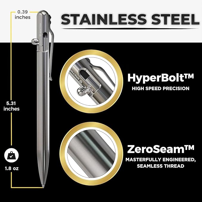 BASTION® Luxury Slim Bolt Action Pen, Durable EDC Pen with Fine Tip, Professional Ballpoint Pen for School and Work - Stainless-DeskLoop Office