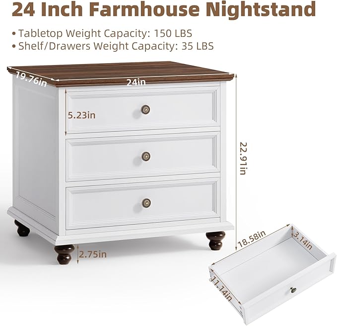24" Wide Farmhouse Night Stand,Large End Table with 3 Drawers & Metal Handle,White Wood Dresser for Bedroom Cabinet, Bed Side Tabl·e Chest of Drawers,Nightstand for Living Room,Close-DeskLoop Office
