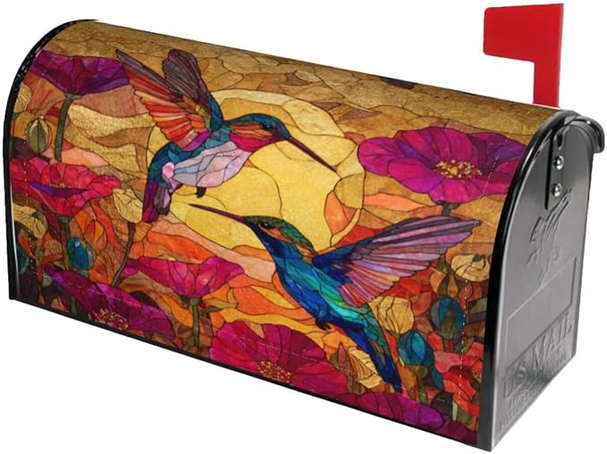 Stained Glass Hummingbird Welcome Magnetic Mailbox Cover, Flowers Mailbox Wrap - Image 2