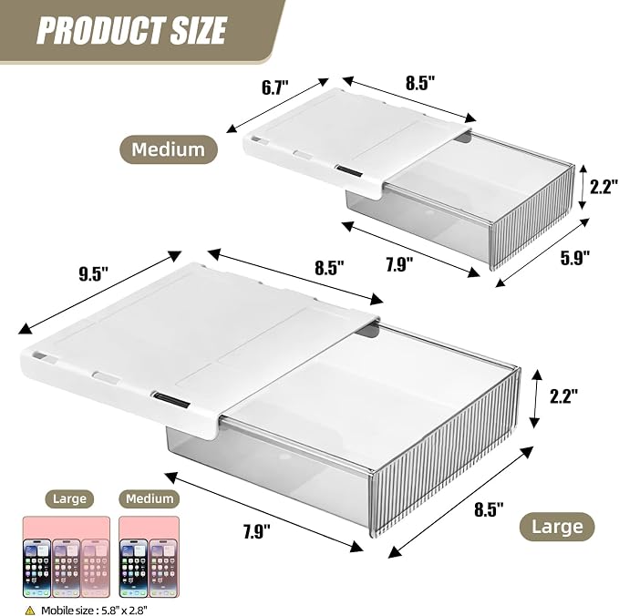 2Pcs Under Desk Storage Drawers Slide Out, Large&Medium, Stick On Drawers - Image 5