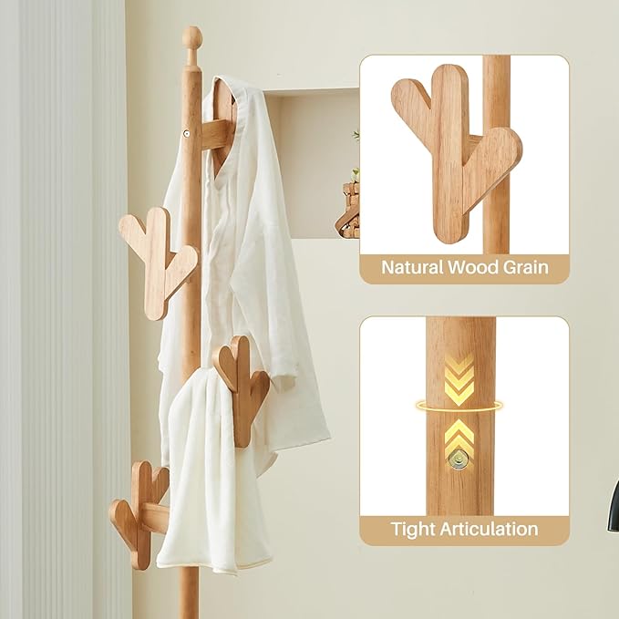 Uniclinens Solid Wood Coat Rack Freestanding with Umbrella Holder, Tree Coat Rack Stand with Lockable Universal Casters & 12 Hooks for Entryway Bedroom, Natural-DeskLoop Office