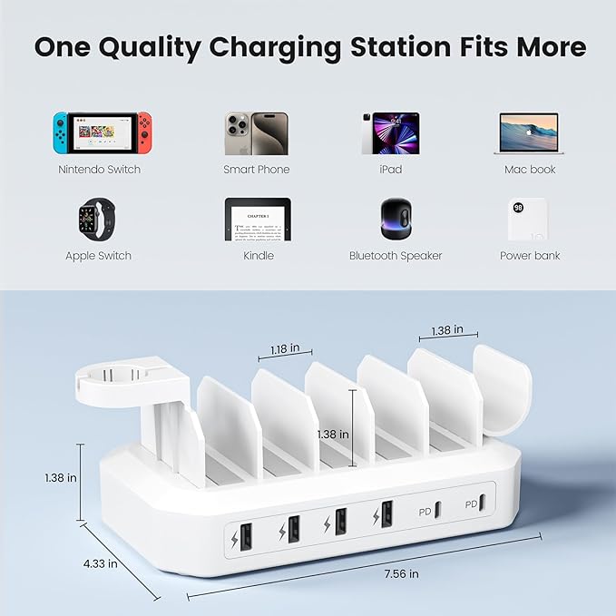 190W Fast Charging Station for Multiple Devices【Certified Safer Charging】 6 Port USB Charger Station - Family Multi-Device Organizer Charging Dock Compatible with iPhone/Android/MacBook/iPad/Tablet-DeskLoop Office