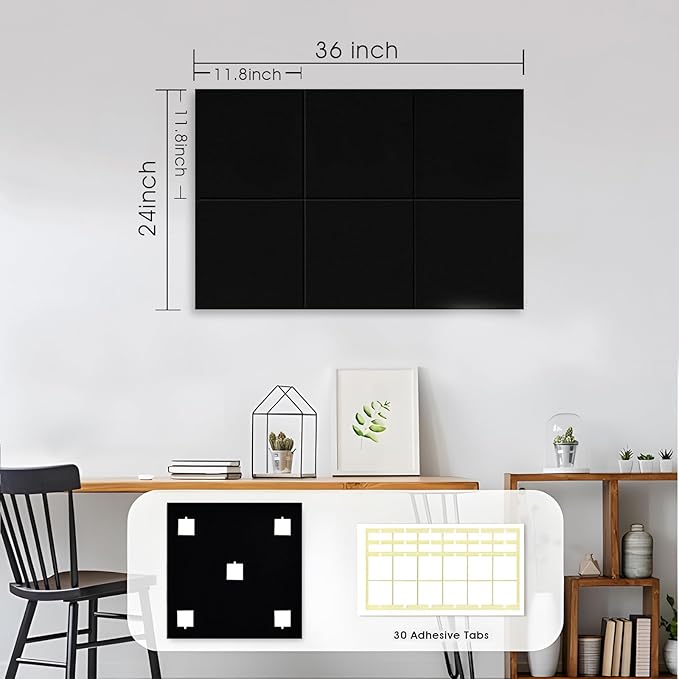 Large Cork Board for Office Wall Decor,36"x24"-6 Pack Cork Board Tiles with Safe Removable Adhesive Tabs, 1/2" Thick, Felt Bulletin Board Pin Board Cork Boards for Walls - Black-DeskLoop Office
