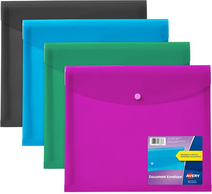 Avery Document Holder Envelope, Holds 450 Letter/A4-Size Sheets, 4-Color 4-Pack by Avery