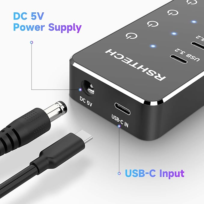 RSHTECH 7-Port Powered USB 3.2/USB C Hub with 10Gbps USB-A 3.2, 2 USB-C 3.2, 4 USB 3.0 Ports, Individual Touch Switches, 3.3ft Cable and 5V Power Adapter, USB Hub Splitter for Laptop/PC, RSH-ST07C-DeskLoop Office
