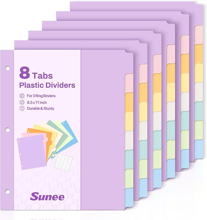 SUNEE 8 Tab Binder Dividers, Plastic Dividers by SUNEE