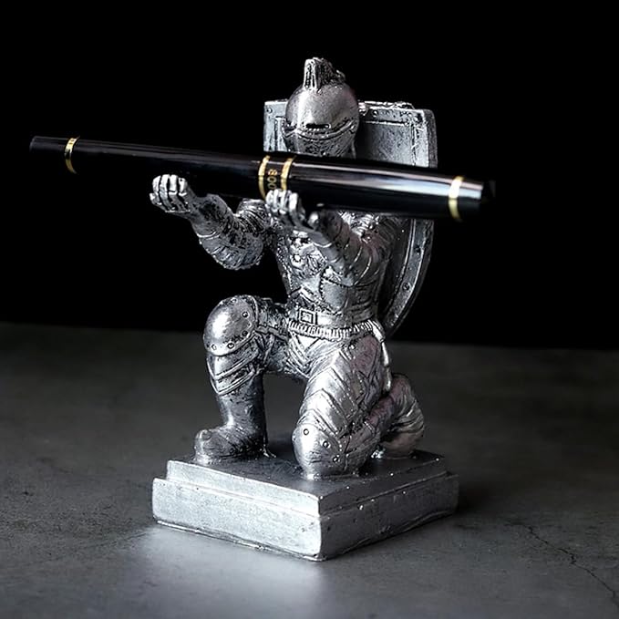 Resin Soldier Shield Knight Decor Statue Pen Holder Base for Desk, Desktop Organizer Pencil Stand Display for Office, School, Home, as Gift for Men Father-DeskLoop Office