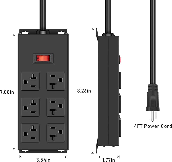 JUNNUJ Heavy Duty 20 Amp Power Strip, Garage 6 Outlets Metal 12 Gauge Surge Protector 3000J, High Amp 5-15P Adapter Shop 6-20R T-Slot Industrial (6AC, 4FT)-DeskLoop Office