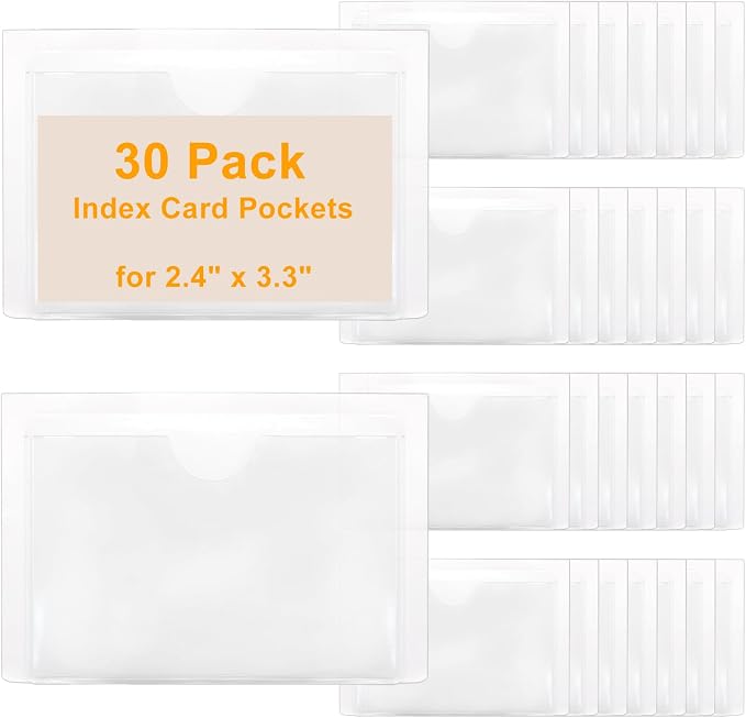 30 PCS Clear Adhesive Pockets, 3.3" x 2.4" Plastic Index Card Holder Labels by Kyuionty