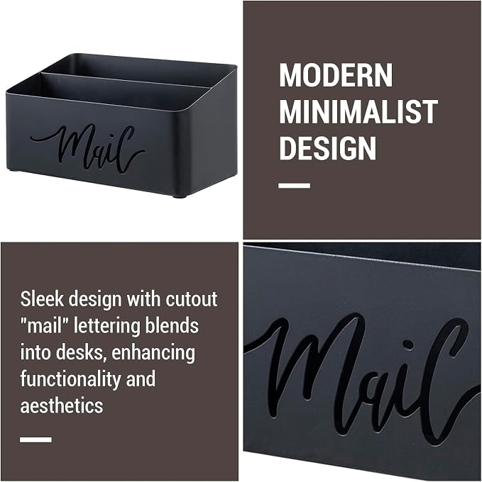MyGift 2 Slot Modern Matte Black Metal Desktop Mail Sorter - Image 2