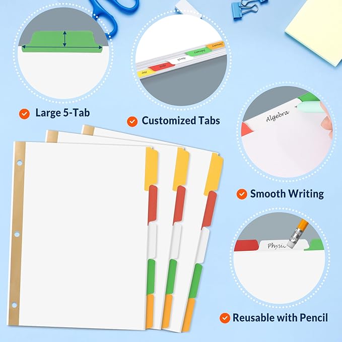 SUNEE Binder Dividers with Colorful Write On & Erase Tabs - Image 5