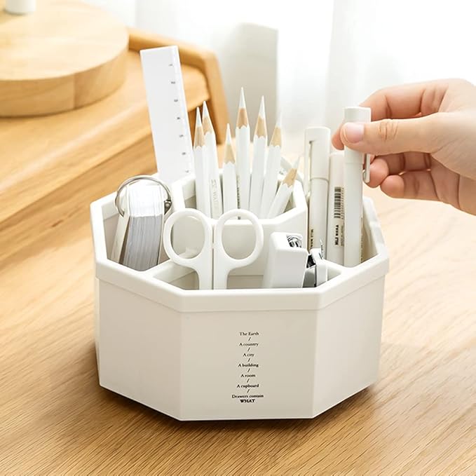 Desk Organizer, 360-Degree Rotating Multi-Functional Pen Holder, 5 Compartments Desktop Stationary Organizer, Home Office Art Supply Storage Box Caddy (White)-DeskLoop Office