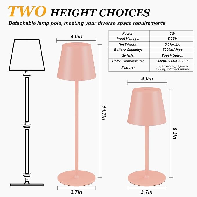 Kakanuo Cordless Table Lamp Rechargeable Pink - Image 5