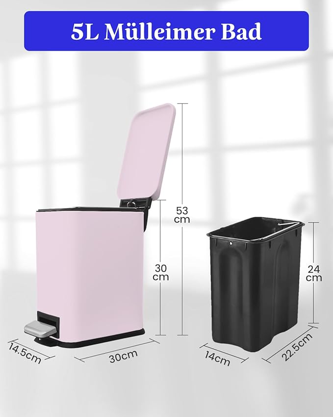 JM.YIPENG Bathroom Rubbish Bin, 5 Litre Cosmetic Bin, Small Waste Bin with Soft Close Lid, Bathroom Bin for Toilet, Bathroom, Bedroom, Living Room, Pink-DeskLoop Office
