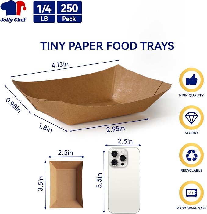 JOLLY CHEF 250 Pack 1/4 Lb Paper Food Trays, Mini Disposable Boat - Image 2