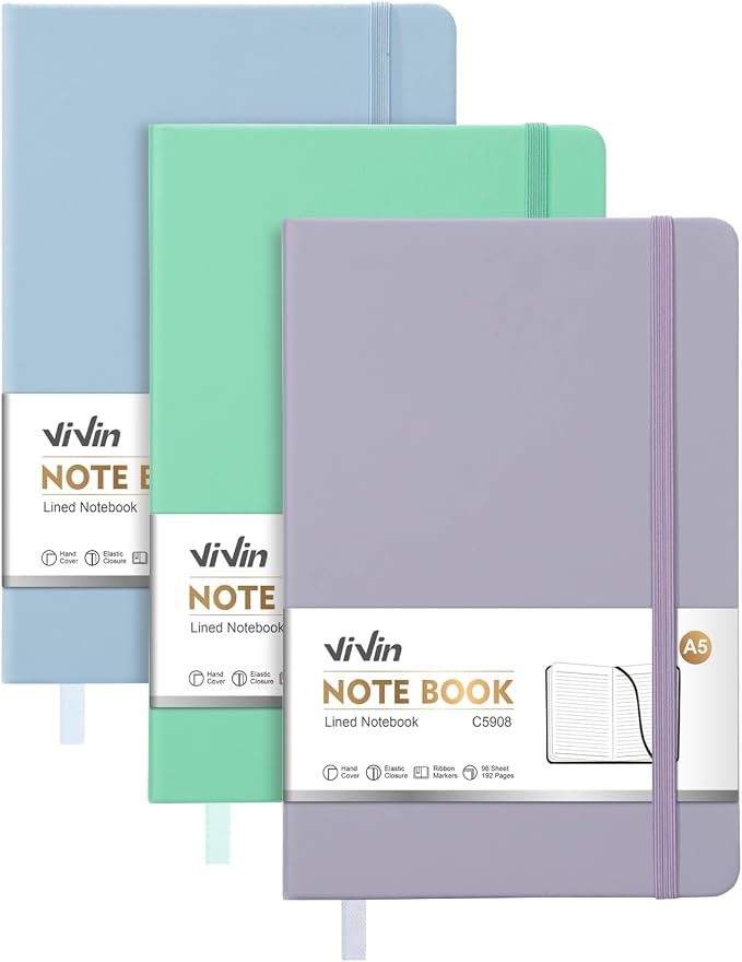 ViVin Lined Journal Notebooks, 3 Pack, 192 Pages, Medium 5.5 x 8.3 inch by ViVin