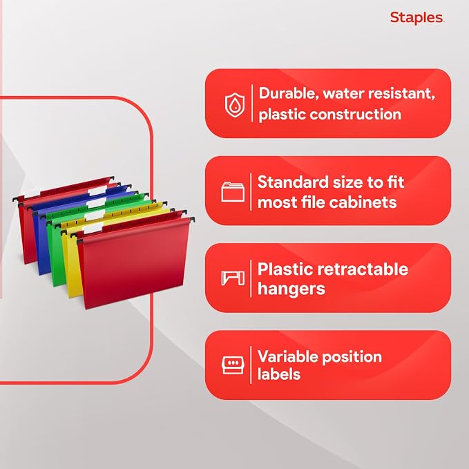Staples Hanging File Folders, Letter Size, Water‑Resistant, Includes Tabs & - Image 5