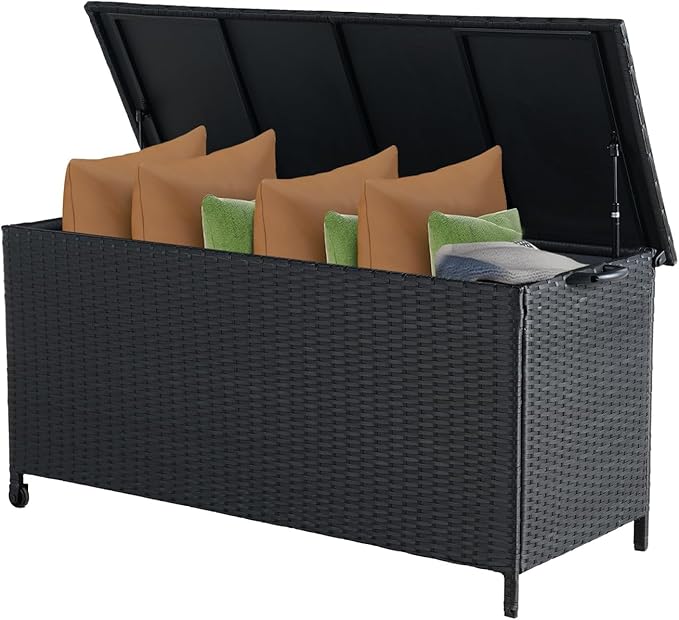 Grand patio 108 Gallon Deck Storage Box Indoor Outdoor Wicker Bin for Patio Furniture Cushions Garden Tools Pool Accessories, Black-DeskLoop Office