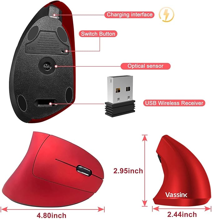 Vassink Ergonomic Rechargeable Wireless Mouse, 2.4Hz Rechargeable Wireless Vertical Optical Mice with USB Receiver, 6 Buttons, 800/1200/1600 DPI RED-DeskLoop Office