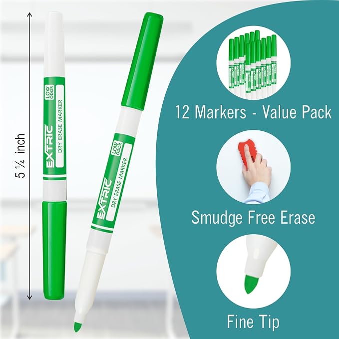 EXTRIC Green Dry Erase Markers Fine Tip 12 PK Whiteboard Markers | Use: School - Image 2