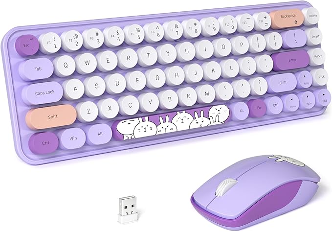 FOPETT Wireless Keyboard and Mouse Cute Mouse and Keyboard 2.4G Wireless Keyboards with Colorful 68 Keys Typewriter Retro Round Keycap for PC, Laptop,Tablet,Computer Windows - Purple Colorful-DeskLoop Office