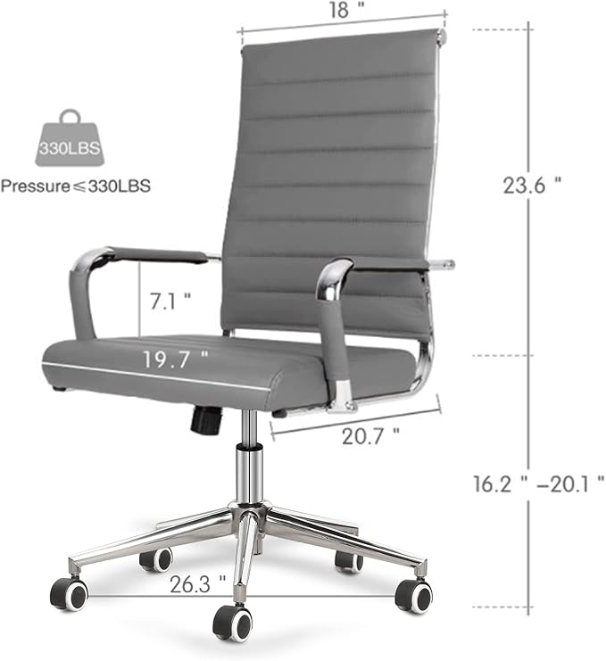 Home Office Chair Ribbed, Modern Leather Conference Waiting Room Chairs,Ergonomic Office Desk Chair, High Back Executive Computer Chair, Adjustable Swivel Chair with Arms (Gray)-DeskLoop Office