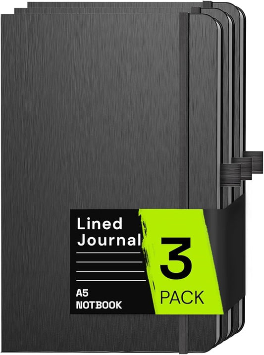A5 Lined Journal Notebook, 7mm College Ruled Notepad, Journaling for Writing, Work, School, Travel and Note Taking, Hardcover 160 Pages (80 Sheets) 5.79 x 8.3 inches (3 Pack Black)-DeskLoop Office
