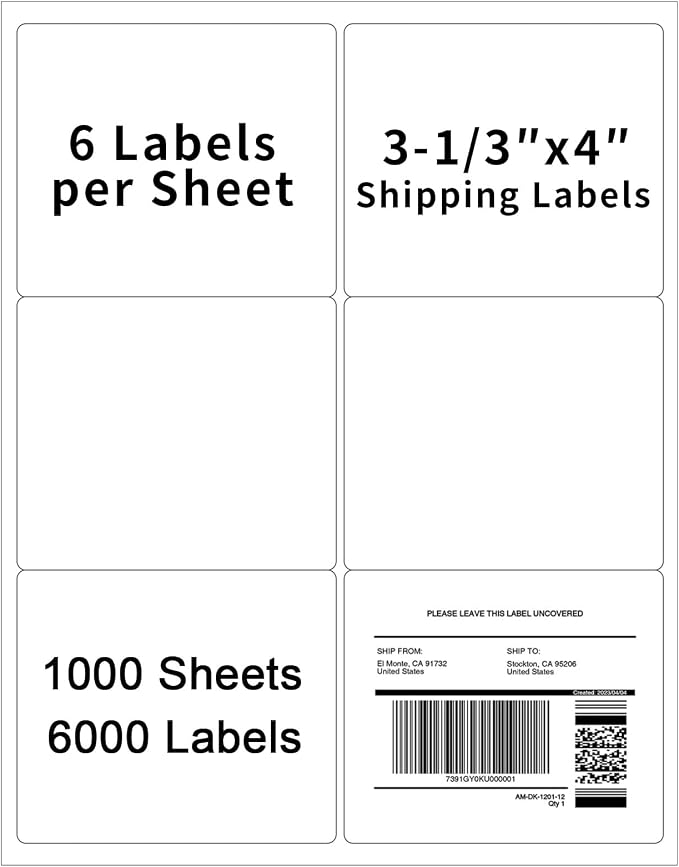 3-1/3" x 4" Shipping Labels, Printable White 6 UP Label by Muotich