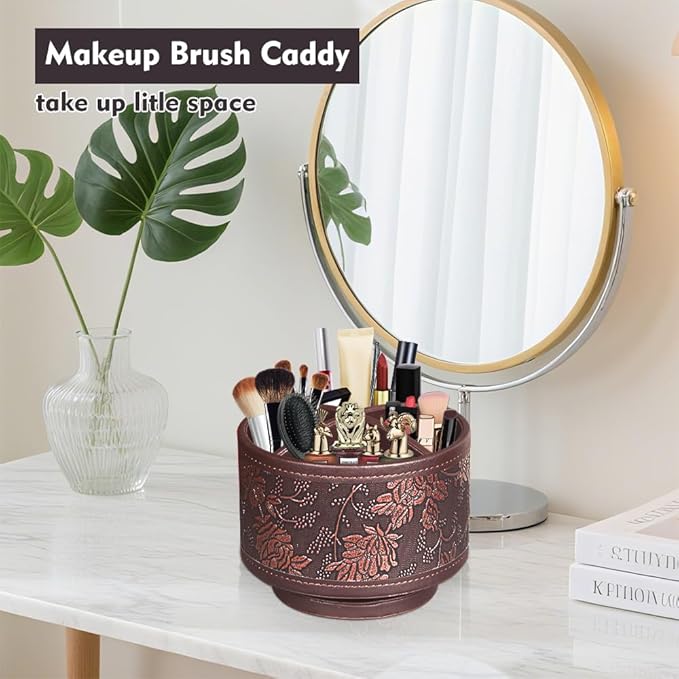 360° Rotating Pen Holder for Desk, Leather Pencil Pen Organizer Remote Control Holder Table Desktop Nightstand Organizer Caddy Storage, Office Desk Organizers And Accessories 5.5x5.5x4.0 Inch-DeskLoop Office