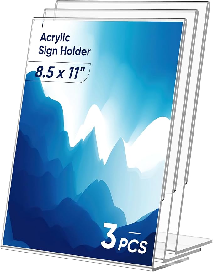 3 Pack Acrylic Sign Holder 8.5x11 Inches, L-Shape Vertical Menu Holder Stand by Dooiclear