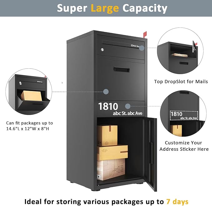 Package Delivery Boxes for Outside, Large Parcel Drop Boxes with Lock, Customize Address Stickers Package Drop Boxes for Outside is Waterproof,Package Delivery Box for Porch (Black，40"*17.7"*15 in)-DeskLoop Office