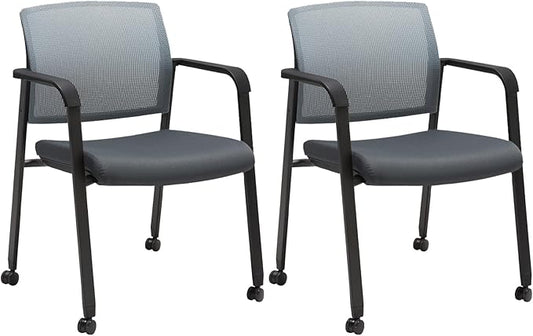 CLATINA Mesh Back Stacking Arm Chairs with Upholstered Fabric Seat and Ergonomic Lumbar Support for Office School Church Guest Reception (WithWheels Gray- 2 Pack)-DeskLoop Office