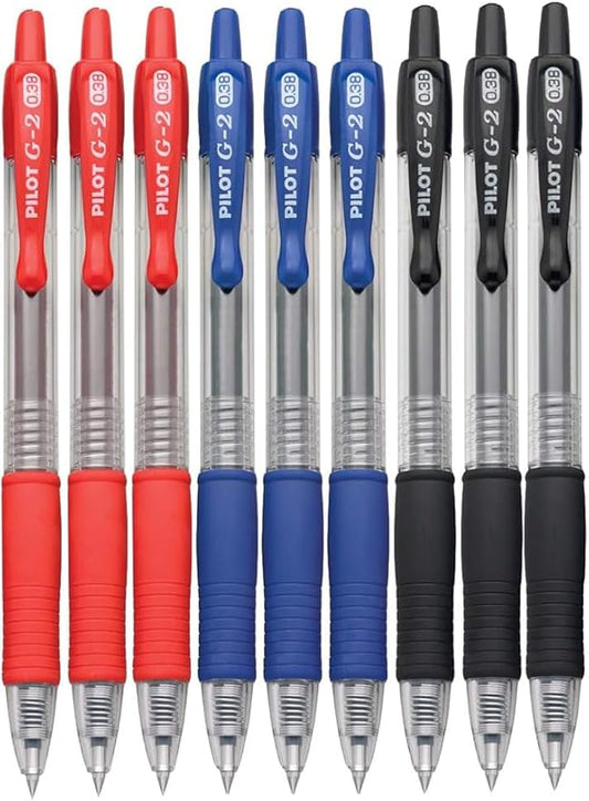 G2 Retractable Premium Gel Ink Roller Ball Pens Ultra Fine Point (.38mm) Black/Blue/Red Ink 9 pack; Refillable & Premium Comfort Grip Bundle with Plastic Reusable Pouch