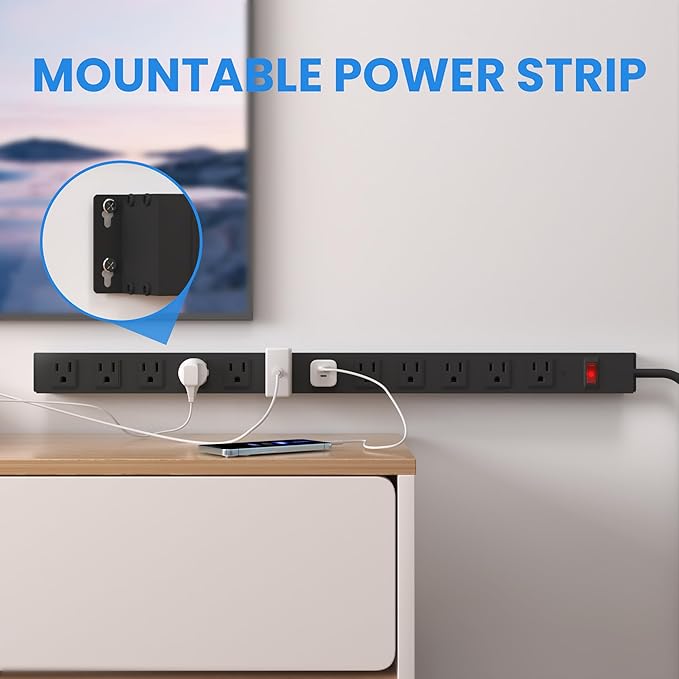 12 Outlet Long Power Strip with 15A Circuit Breaker,Black Wall Mount Heavy Duty Power Strip with 6FT/14AWG/15A/125V Extension Cord for Industrial,Garge,Office,Home and School,Black(6FT)-DeskLoop Office