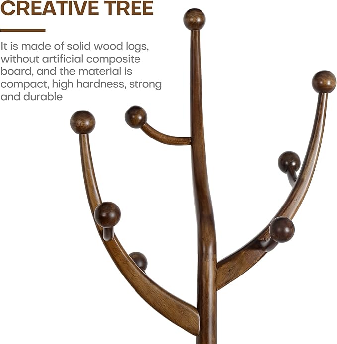 Coat Rack Freestanding Wood Coat Tree Rack with 8 Hooks, Creative Design Tree Branch-look, Standing Coat Rack Clothes Hanger Stand with Stury Base for Entryway, Hallway, Bedroom - Load 160lb (Walnut)-DeskLoop Office