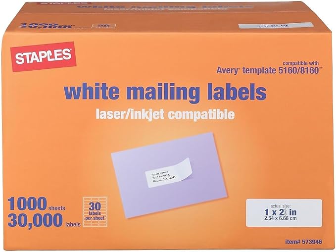 Staples Laser & Inkjet Address Labels, 30 Labels per Sheet, Printable Mailing - Image 2