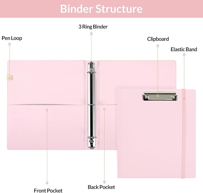 SKYDUE 3 Ring Binder with Clipboard, 13.2" × 10.2" Faux Leather 1 Inch Binder - Image 5