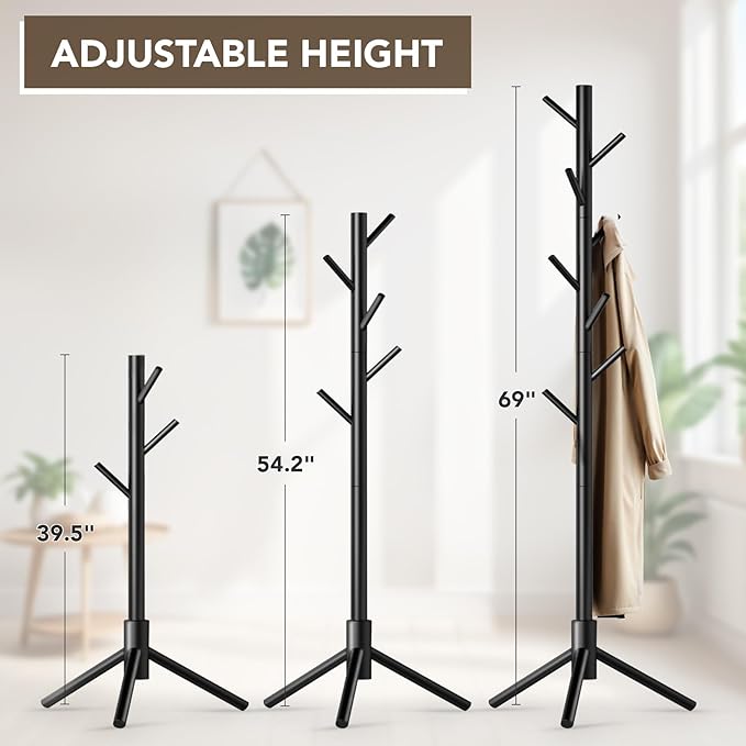 Wooden Tree Coat Rack Stand,Sturdy Freestanding Coat Rack with 8 Hooks,3 Adjustable Height for Child Adult,Wood Coat Stand Tree Fits Entryway Bedroom Office for Bags,Hats-DeskLoop Office