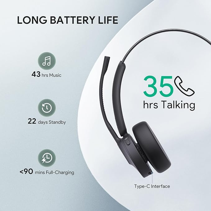 Yealink BH70 Mono UC Wireless Bluetooth Headset with Microphone for Work, up to 35h Talking Battery Life, 3-Mic Noise Cancellation, 91g Lightweight Work Headsets for Open Office, USB-C to A-DeskLoop Office