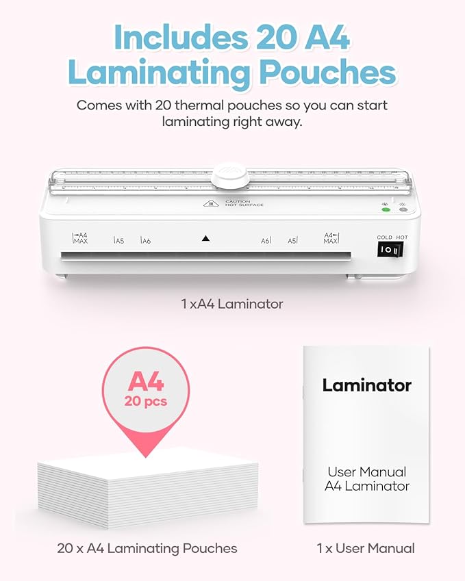 Kejector Laminator Machine, 9 Inch with 20 A4 Sheets Thermal and Cold Lamination Built in Cutter Quick Warm Up for Home Office School, White-DeskLoop Office