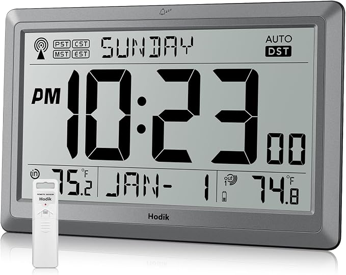 Wall Clock Atomic with Indoor Outdoor Temperature Battery Powered, Easy Reading by Hodik