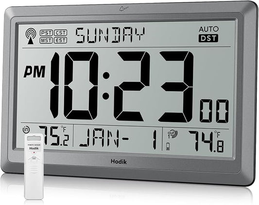 Wall Clock Atomic with Indoor Outdoor Temperature Battery Powered, Easy Reading by Hodik
